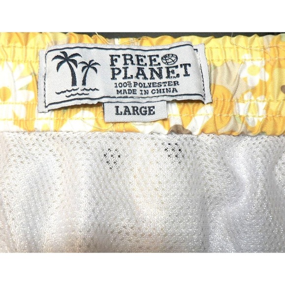 Free Planet Men's Elastic Waist Drawcord Floral Print Swim Trunks Yellow Large - Picture 8 of 9